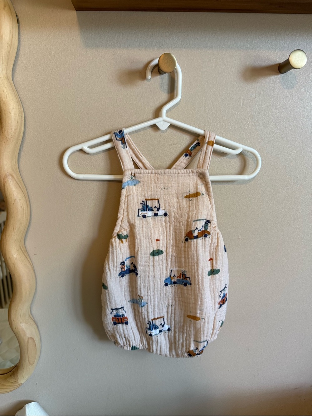 Angel Dear Cream Muslin Bubble Romper with Multicolor Golf Print